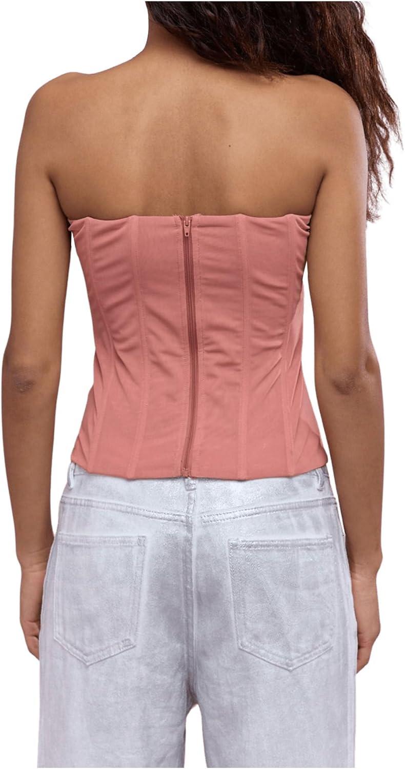imageSHENHE Womens Vintage Strapless Boned Mesh Bustier Corset Top Bodyshaper Tube TopPink