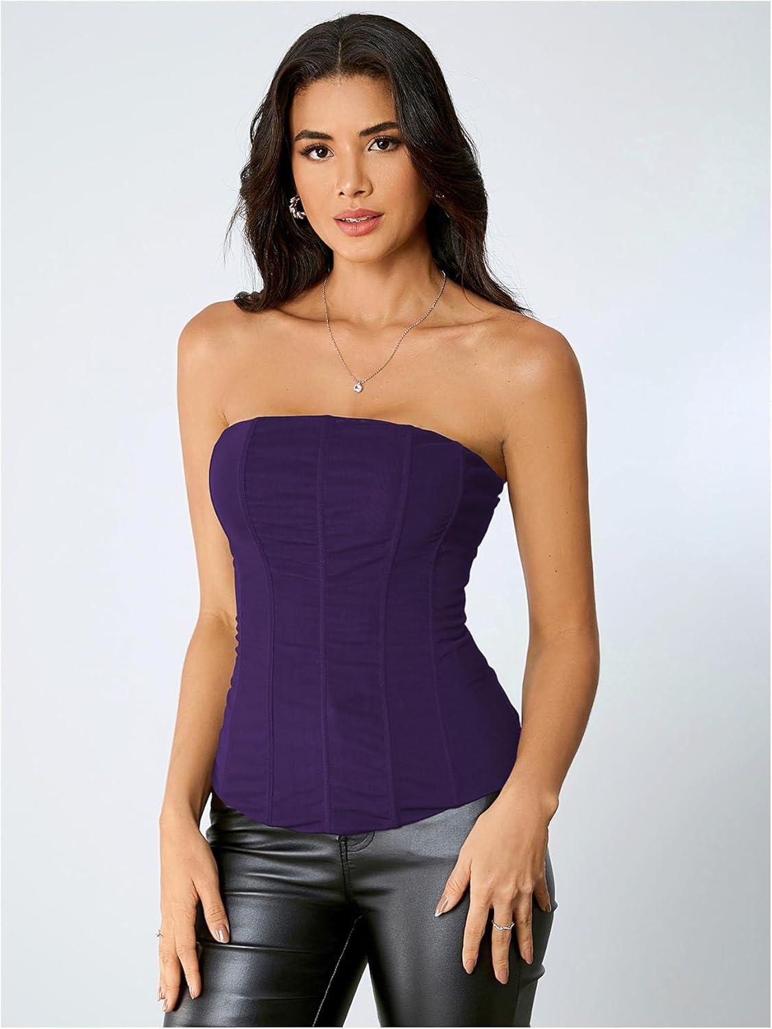 imageSHENHE Womens Vintage Strapless Boned Mesh Bustier Corset Top Bodyshaper Tube TopPurple