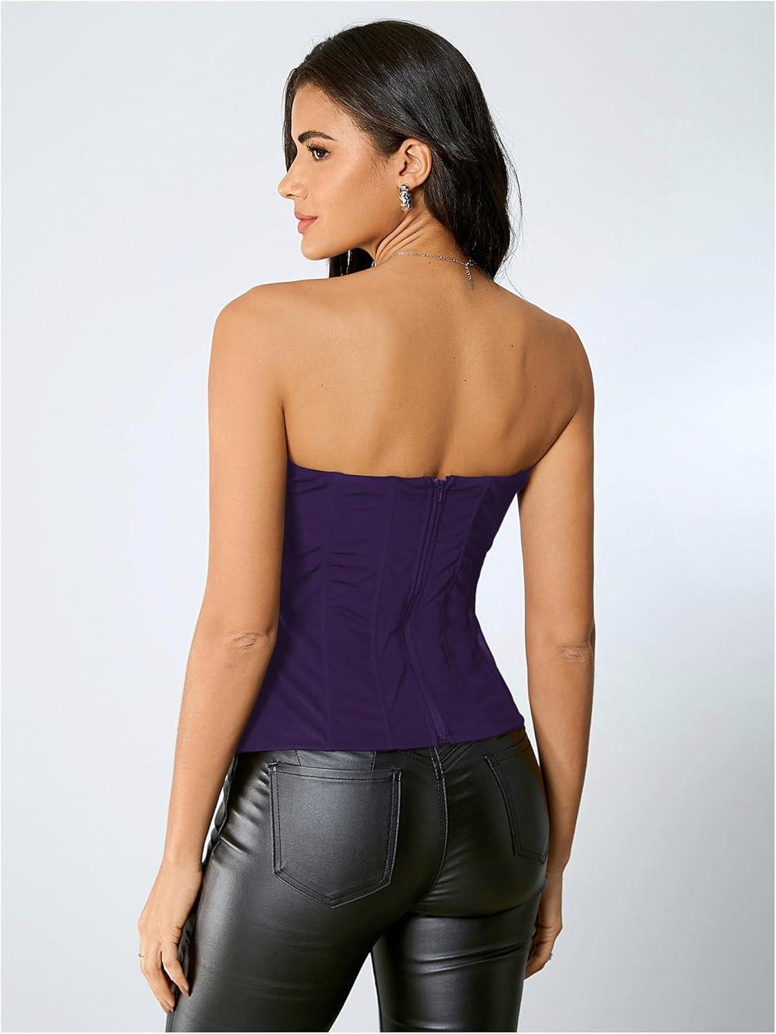 imageSHENHE Womens Vintage Strapless Boned Mesh Bustier Corset Top Bodyshaper Tube TopPurple