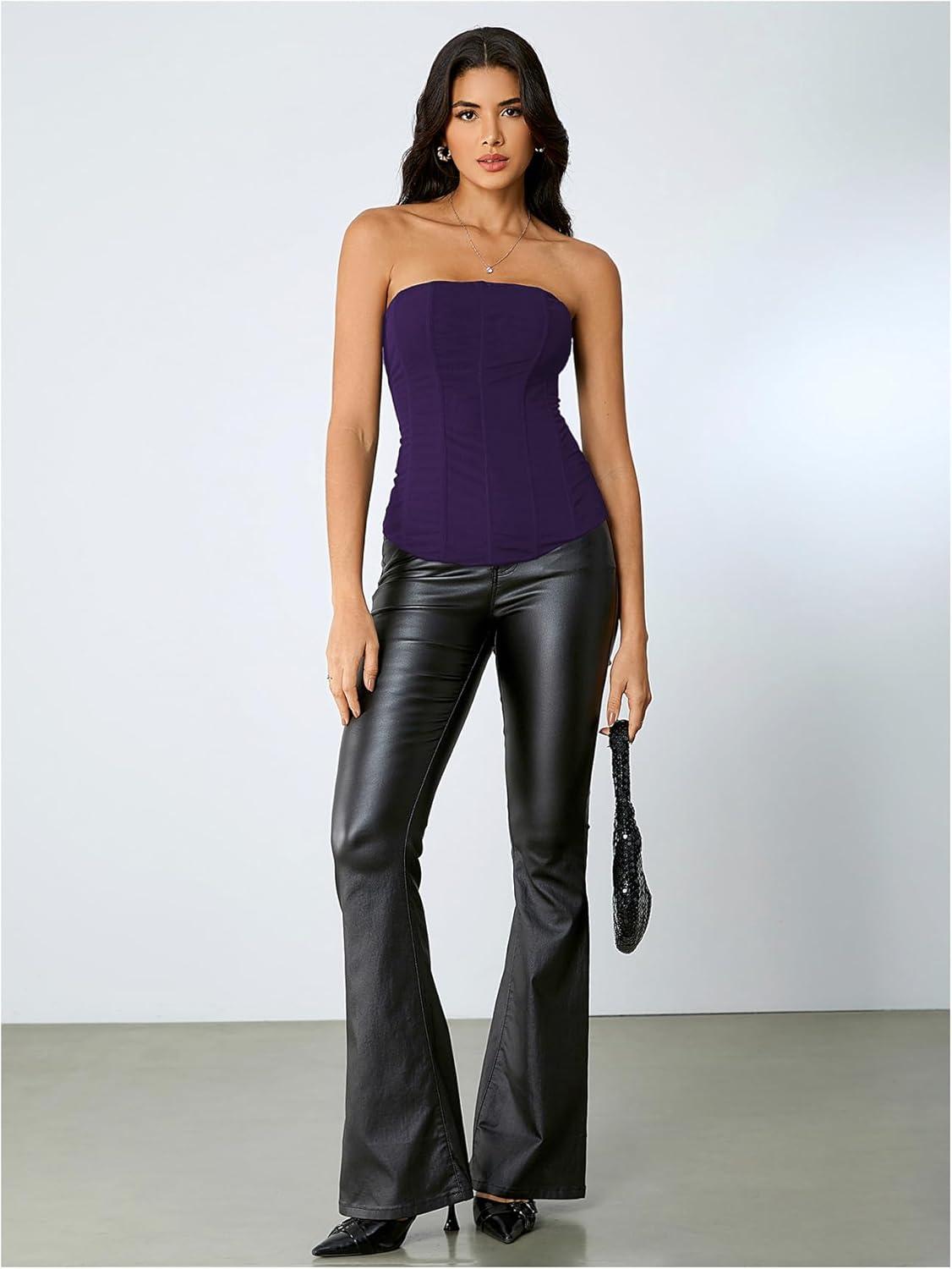 imageSHENHE Womens Vintage Strapless Boned Mesh Bustier Corset Top Bodyshaper Tube TopPurple