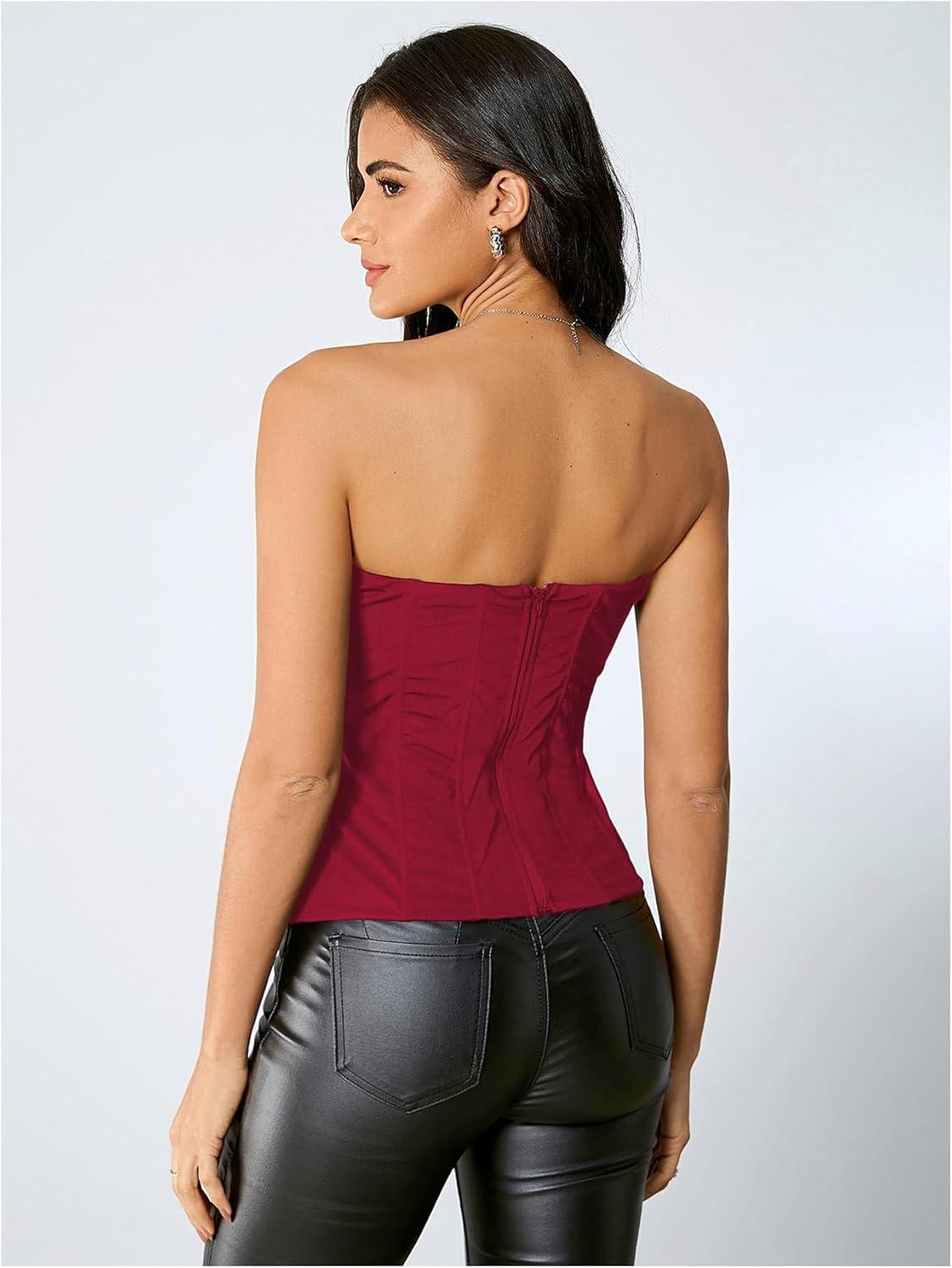 imageSHENHE Womens Vintage Strapless Boned Mesh Bustier Corset Top Bodyshaper Tube TopRed