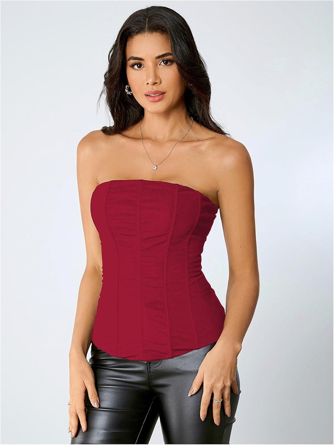imageSHENHE Womens Vintage Strapless Boned Mesh Bustier Corset Top Bodyshaper Tube TopRed