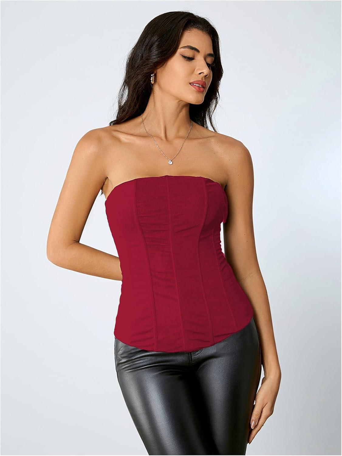 imageSHENHE Womens Vintage Strapless Boned Mesh Bustier Corset Top Bodyshaper Tube TopRed