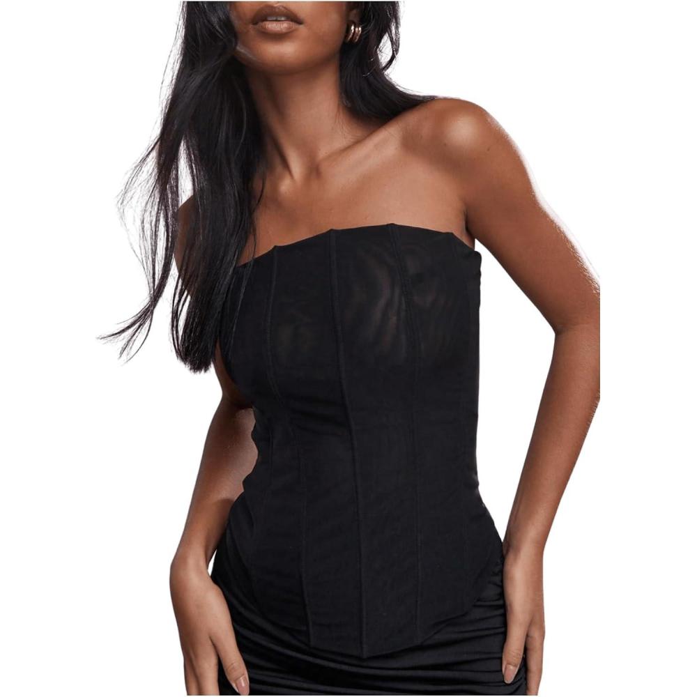 imageSHENHE Womens Vintage Strapless Boned Mesh Bustier Corset Top Bodyshaper Tube TopBlack