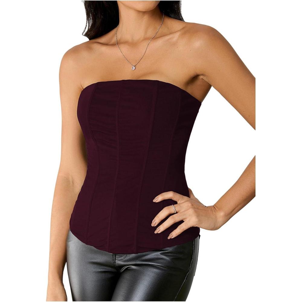 imageSHENHE Womens Vintage Strapless Boned Mesh Bustier Corset Top Bodyshaper Tube TopBrown