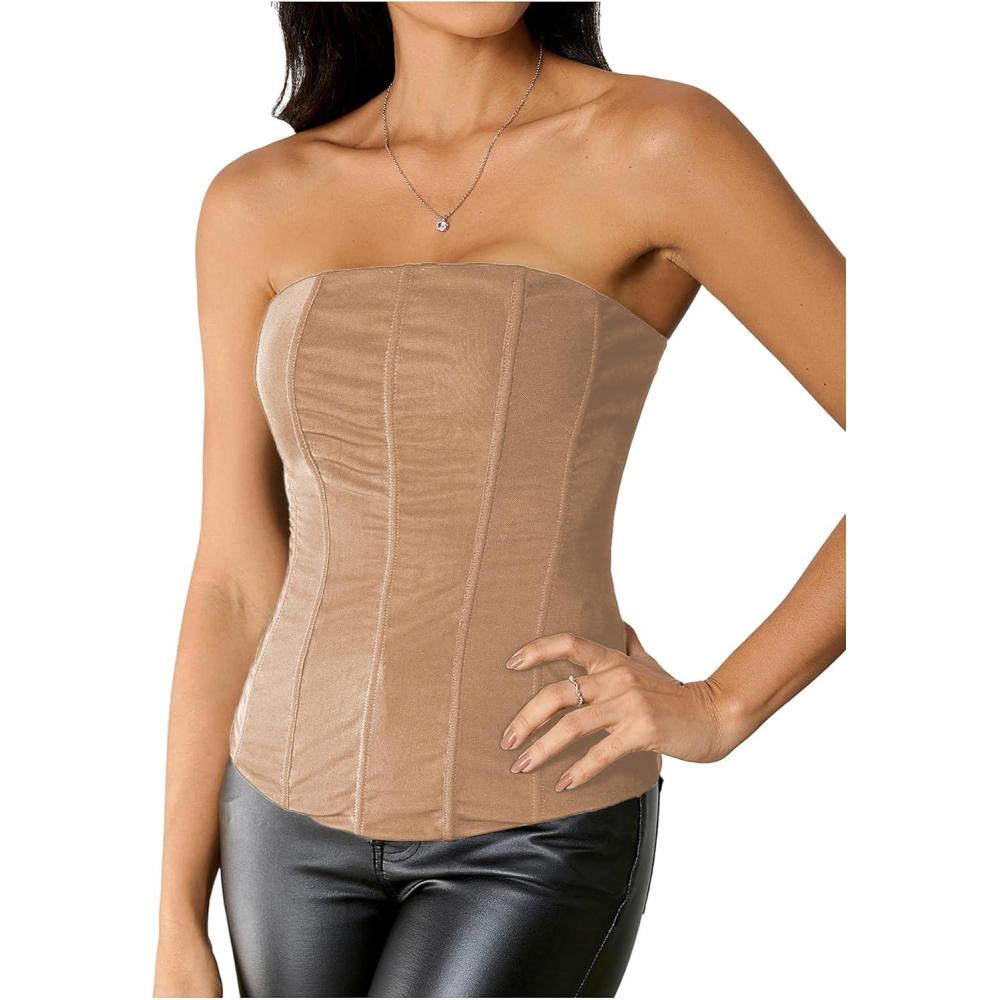 imageSHENHE Womens Vintage Strapless Boned Mesh Bustier Corset Top Bodyshaper Tube TopKhaki