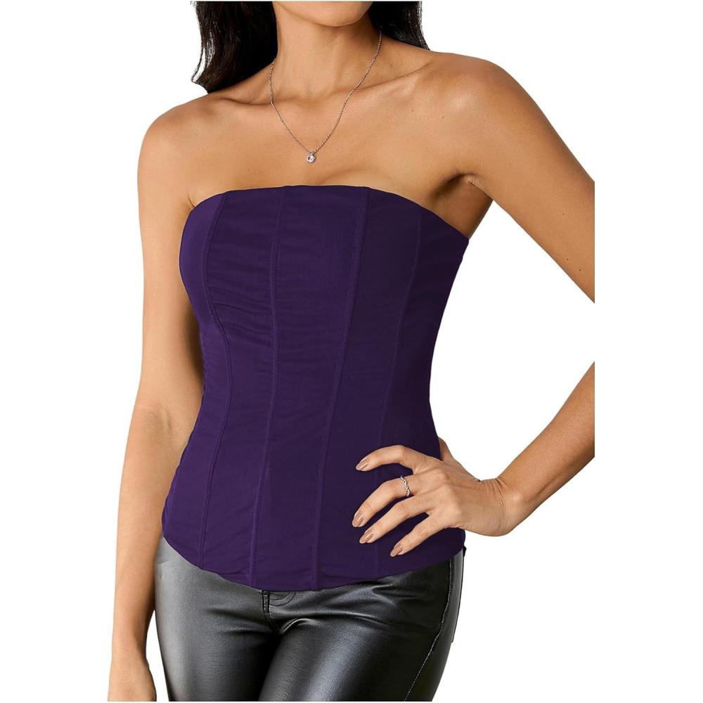 imageSHENHE Womens Vintage Strapless Boned Mesh Bustier Corset Top Bodyshaper Tube TopPurple