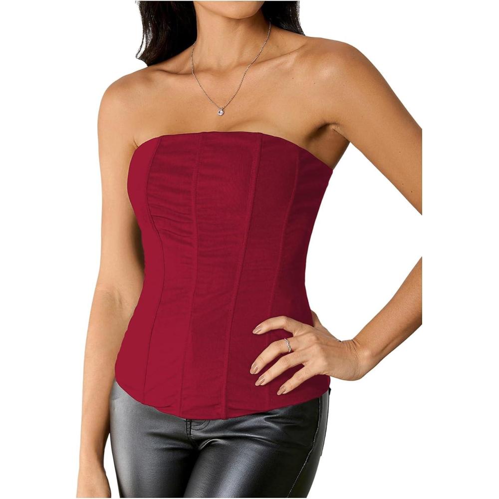 imageSHENHE Womens Vintage Strapless Boned Mesh Bustier Corset Top Bodyshaper Tube TopRed