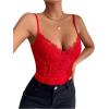 imageSHENHE Womens Floral Lace Spaghetti Strap Sheer Mesh Sleeveless Cami Bodysuit TopsRed