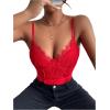 imageSHENHE Womens Floral Lace Spaghetti Strap Sheer Mesh Sleeveless Cami Bodysuit TopsRed