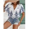 imageSHENHE Womens Front Tie Crop Tops Puff Short Sleeve Eyelet Summer Boho Blouse ShirtsBlue and White