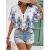 imageSHENHE Womens Front Tie Crop Tops Puff Short Sleeve Eyelet Summer Boho Blouse ShirtsBlue and White