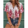 imageSHENHE Womens Front Tie Crop Tops Puff Short Sleeve Eyelet Summer Boho Blouse ShirtsRed and White