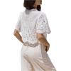 imageSHENHE Womens Front Tie Crop Tops Puff Short Sleeve Eyelet Summer Boho Blouse ShirtsWhite