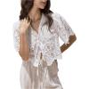 imageSHENHE Womens Front Tie Crop Tops Puff Short Sleeve Eyelet Summer Boho Blouse ShirtsWhite