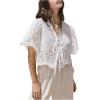 imageSHENHE Womens Front Tie Crop Tops Puff Short Sleeve Eyelet Summer Boho Blouse ShirtsWhite
