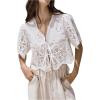 imageSHENHE Womens Front Tie Crop Tops Puff Short Sleeve Eyelet Summer Boho Blouse ShirtsWhite
