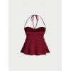 imageSHENHE Womens Halter Neck Babydoll Top Bow Front Ruched Lace Trim Flowy Tank TopBurgundy