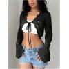 imageSHENHE Womens Hollow Out Tie Up Bell Sleeve Cropped Cardigan Sheer Crochet Shrug BoleroBlack