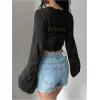 imageSHENHE Womens Hollow Out Tie Up Bell Sleeve Cropped Cardigan Sheer Crochet Shrug BoleroBlack