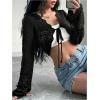 imageSHENHE Womens Hollow Out Tie Up Bell Sleeve Cropped Cardigan Sheer Crochet Shrug BoleroBlack