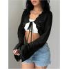 imageSHENHE Womens Hollow Out Tie Up Bell Sleeve Cropped Cardigan Sheer Crochet Shrug BoleroBlack