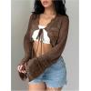 imageSHENHE Womens Hollow Out Tie Up Bell Sleeve Cropped Cardigan Sheer Crochet Shrug BoleroBrown