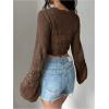 imageSHENHE Womens Hollow Out Tie Up Bell Sleeve Cropped Cardigan Sheer Crochet Shrug BoleroBrown
