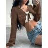 imageSHENHE Womens Hollow Out Tie Up Bell Sleeve Cropped Cardigan Sheer Crochet Shrug BoleroBrown