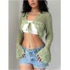 imageSHENHE Womens Hollow Out Tie Up Bell Sleeve Cropped Cardigan Sheer Crochet Shrug BoleroGreen