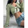 imageSHENHE Womens Hollow Out Tie Up Bell Sleeve Cropped Cardigan Sheer Crochet Shrug BoleroGreen