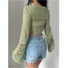 imageSHENHE Womens Hollow Out Tie Up Bell Sleeve Cropped Cardigan Sheer Crochet Shrug BoleroGreen