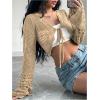 imageSHENHE Womens Hollow Out Tie Up Bell Sleeve Cropped Cardigan Sheer Crochet Shrug BoleroKhaki