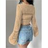 imageSHENHE Womens Hollow Out Tie Up Bell Sleeve Cropped Cardigan Sheer Crochet Shrug BoleroKhaki