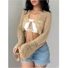 imageSHENHE Womens Hollow Out Tie Up Bell Sleeve Cropped Cardigan Sheer Crochet Shrug BoleroKhaki