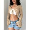 imageSHENHE Womens Hollow Out Tie Up Bell Sleeve Cropped Cardigan Sheer Crochet Shrug BoleroKhaki
