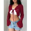 imageSHENHE Womens Hollow Out Tie Up Bell Sleeve Cropped Cardigan Sheer Crochet Shrug BoleroRed