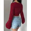 imageSHENHE Womens Hollow Out Tie Up Bell Sleeve Cropped Cardigan Sheer Crochet Shrug BoleroRed
