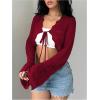 imageSHENHE Womens Hollow Out Tie Up Bell Sleeve Cropped Cardigan Sheer Crochet Shrug BoleroRed