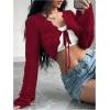 imageSHENHE Womens Hollow Out Tie Up Bell Sleeve Cropped Cardigan Sheer Crochet Shrug BoleroRed