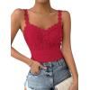 imageSHENHE Womens Lace Trim Smocked Sleeveless Cute V Neck Cropped Tank Top CamisoleRose Red
