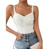 imageSHENHE Womens Lace Trim Smocked Sleeveless Cute V Neck Cropped Tank Top CamisoleWhite B