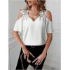 imageSHENHE Womens Satin Cold Shoulder Ruffle Short Sleeve V Neck Elegant Lace Blouse TopWhite