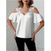 imageSHENHE Womens Satin Cold Shoulder Ruffle Short Sleeve V Neck Elegant Lace Blouse TopWhite