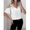 imageSHENHE Womens Satin Cold Shoulder Ruffle Short Sleeve V Neck Elegant Lace Blouse TopWhite