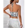 imageSHENHE Womens Tie Halter Neck Backless Draped Asymmetrical Floral Boho Cute Crop TopBlue