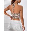 imageSHENHE Womens Tie Halter Neck Backless Draped Asymmetrical Floral Boho Cute Crop TopCoffee Brown