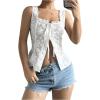 imageSHENHE Womens Floral Embroidered Square Neck Tank Tie Front Button Up Wide Strap Cute Tank Top White Small