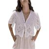 imageSHENHE Womens Front Tie Crop Tops Puff Short Sleeve Eyelet Summer Boho Blouse ShirtsWhite