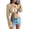 imageSHENHE Womens Hollow Out Tie Up Bell Sleeve Cropped Cardigan Sheer Crochet Shrug BoleroKhaki